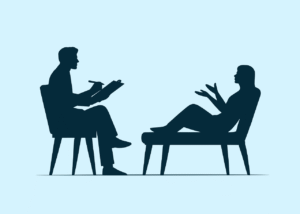 A graphic showing a woman talking to a therapist.